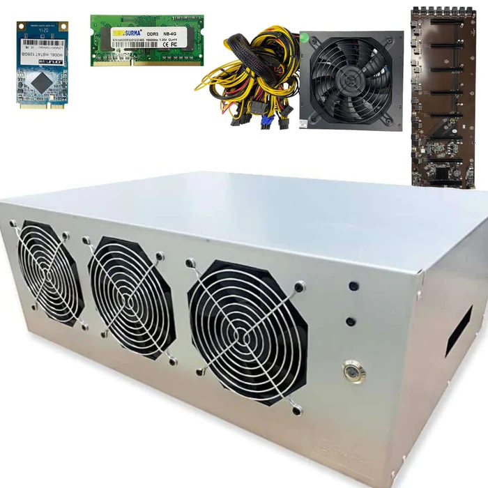 3-Fan 8 GPU Mining Frame Rig With Motherboard + CPU + RAM + SSD + PSU Included